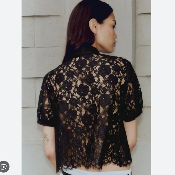 Zara Women Black Lace Top with White Bows Short Sleeve M NWT 3617/922 - Picture 4 of 11